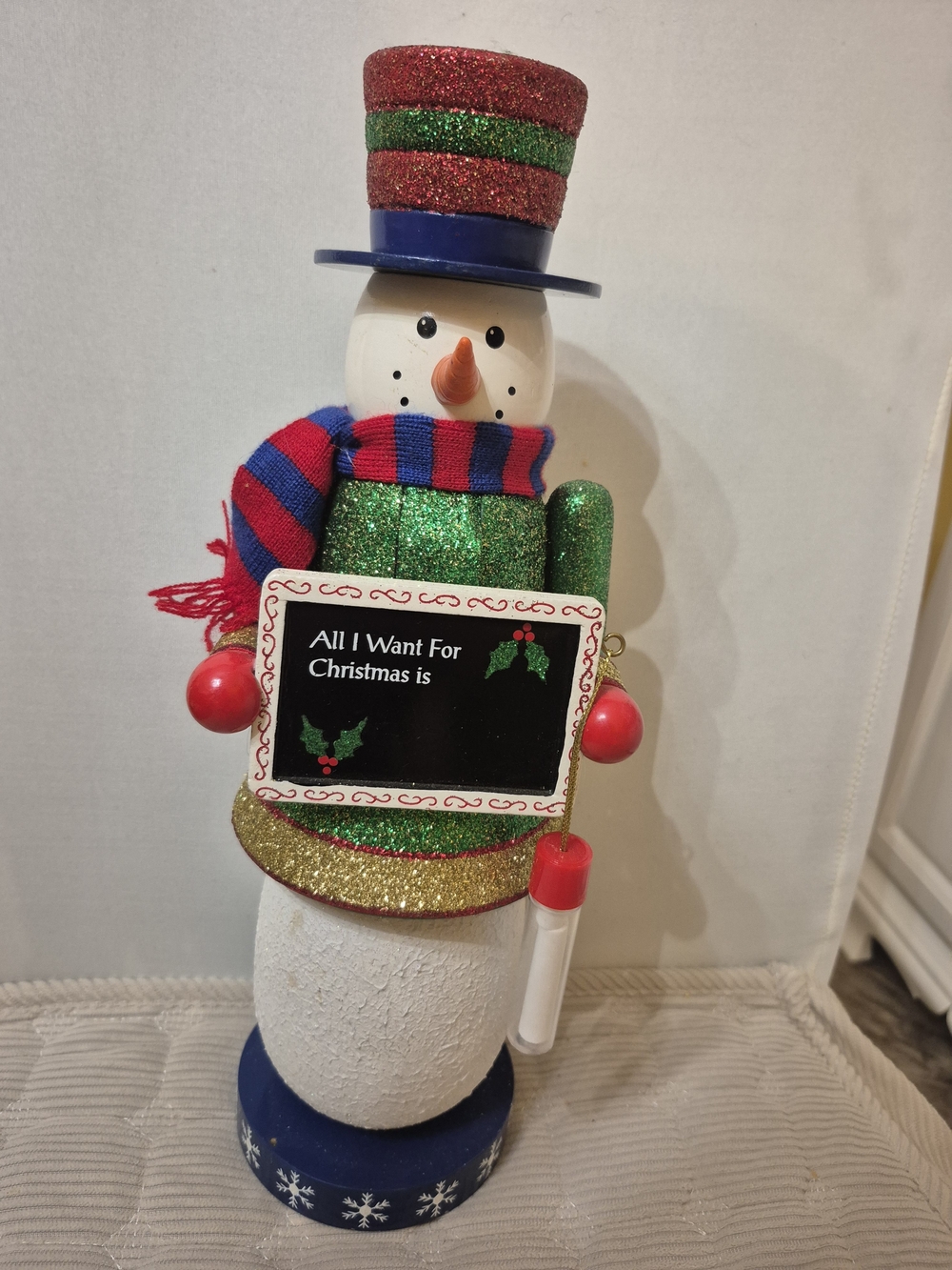 Festive Green Glitter Snowman Holiday Nutcracker with Red & Blue Accents